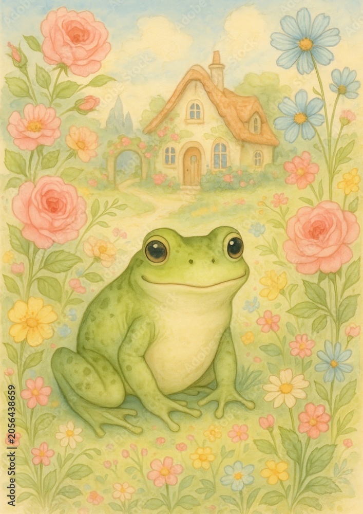 Naklejka premium Whimsical frog in floral garden