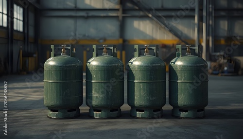 Four Green Gas Cylinders Lined Up in an Industrial Warehouse