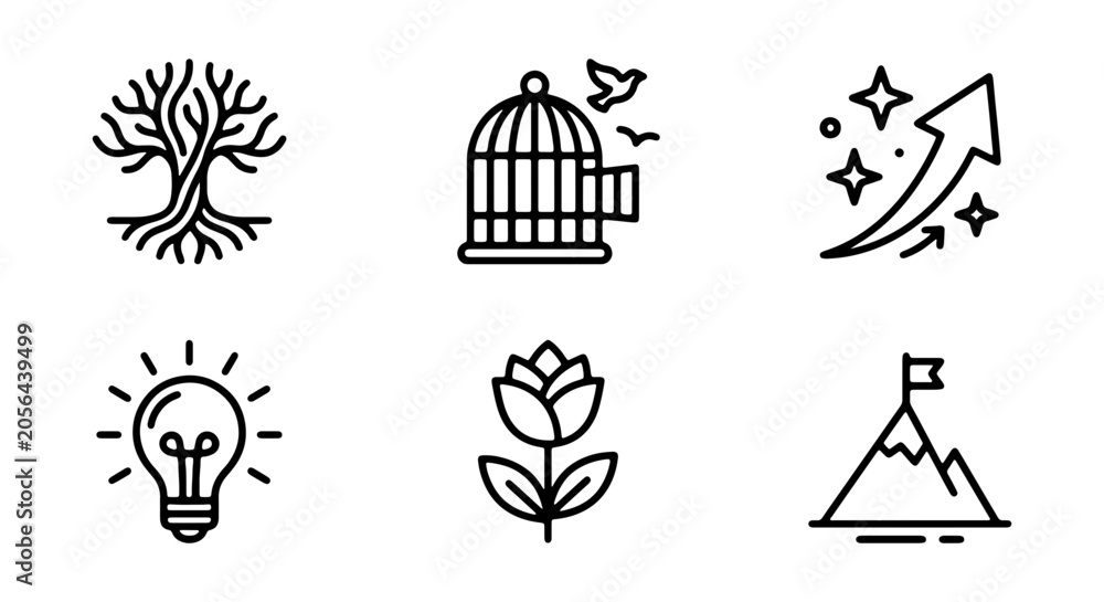 Fototapeta premium Vector Icons: Tree of Life, Birdcage Freedom, Growth Chart, Lightbulb Idea, Rose Flower, Mountain Peak Success