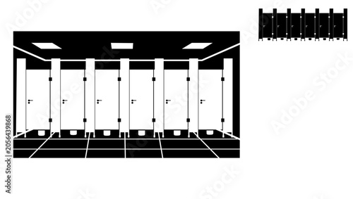 Cuadro en lienzo Row of restroom stalls in public bathroom , black isolated vector silhouette
