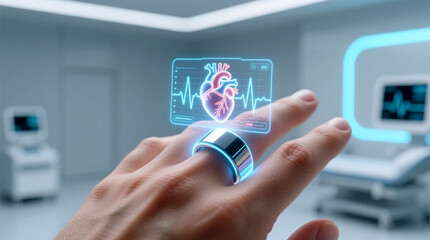 A patient hand wearing futuristic biometric ring projecting holographic vital signs display in hospital showcasing precision medicine future technology
