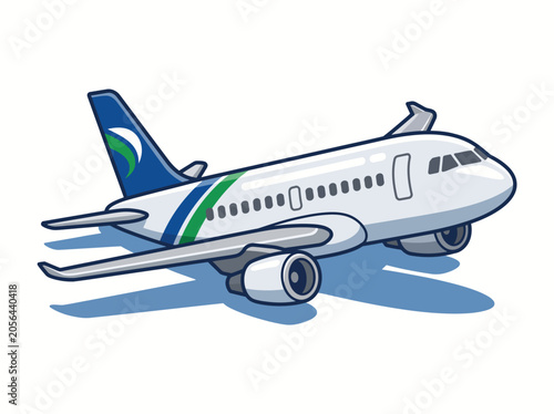 Modern commercial passenger airplane cartoon vector illustration isolated on white background for travel and aviation designs