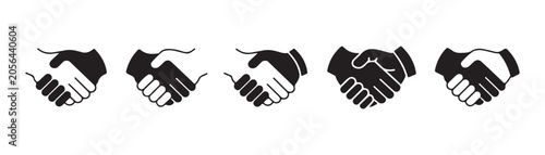 Minimalist handshake vector illustration set showing firm grip in black and white for professional branding.