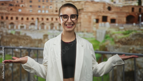 Foto Woman with buzzcut and glasses holds palms up toward a building ruin, wearing white jacket and black crop top; thoughtful curiosity