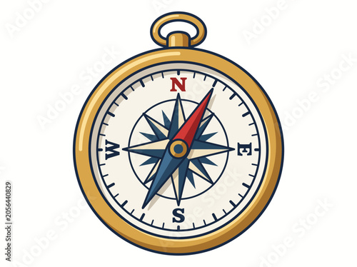 Modern commercial cartoon vector illustration of a golden nautical compass for adventure, travel, and direction finding