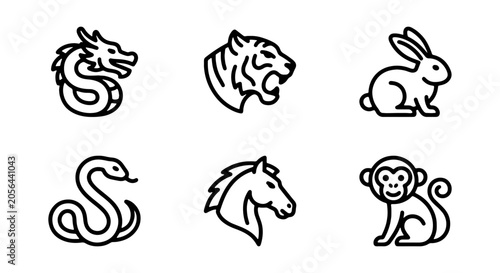 Photography Chinese Zodiac Animals Icons, Vector Set: Dragon, Tiger, Rabbit, Snake, Horse, M