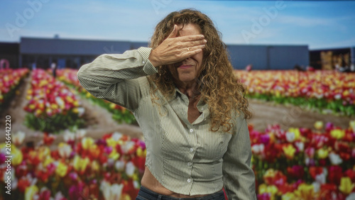 Schilderij op canvas Woman raises hand to block face in studio with tulip field backdrop and building visible; defiance privacy