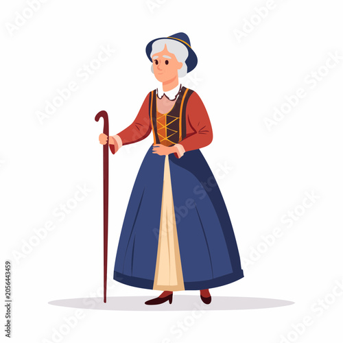 Elderly Woman in Traditional Dress with Cane