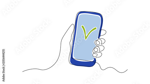Continuous line drawing of a hand holding a smartphone with a green checkmark on the screen, minimalist mobile verification and approval concept