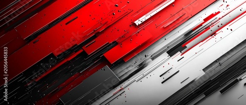 Dynamic red, black, and white geometric shards create a high-energy background for technology or sports themes.