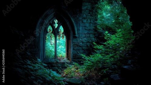 Mysterious Gothic Window: An ancient, crumbling stone structure with a Gothic-style window reveals a vibrant, overgrown forest beyond, hinting at secrets and forgotten tales.