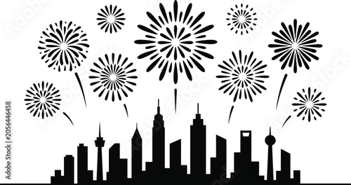 City skyline vector silhouette with fireworks display over buildings. USA independence day and holiday backgrounds.