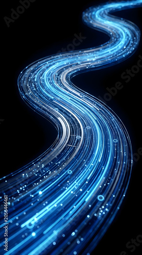 Abstract Neon Blue Fiber Optic Pathway Interacting and Flowing with Luminous Data Lines, High Speed Network Concept