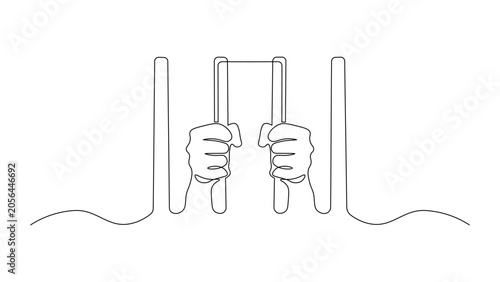 Continuous line drawing of hands holding prison bars, minimalist jail and incarceration concept, law enforcement and punishment symbol