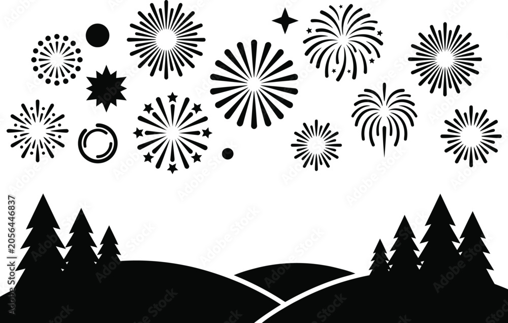 Fototapeta premium Festive Fireworks with Pine Forest and Hills Silhouette. Celebration Firework Bursts, Ideal for 4th of July, New Year, Christmas, and American Holiday Designs.