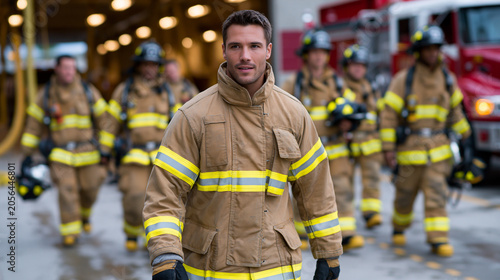 Candid documentary photo of 6 8 racially and ethnically diverse firefighters returning to their station after a call. Balanced group shot - no single person dominates. They walk in