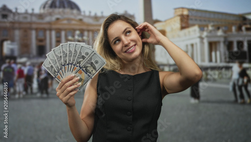 Foto Woman holding fan of cash in front of building at st peter's square vatican, posing with a coy smile; playful wealth confidence