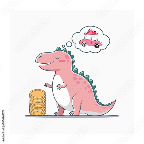 Pink cartoon cow standing near milk jug and cottage