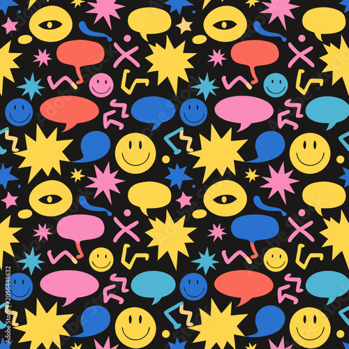 Dynamic playful seamless pattern featuring expressive cartoon faces, vibrant speech bubbles, abstract stars, and whimsical doodle elements for a lively design