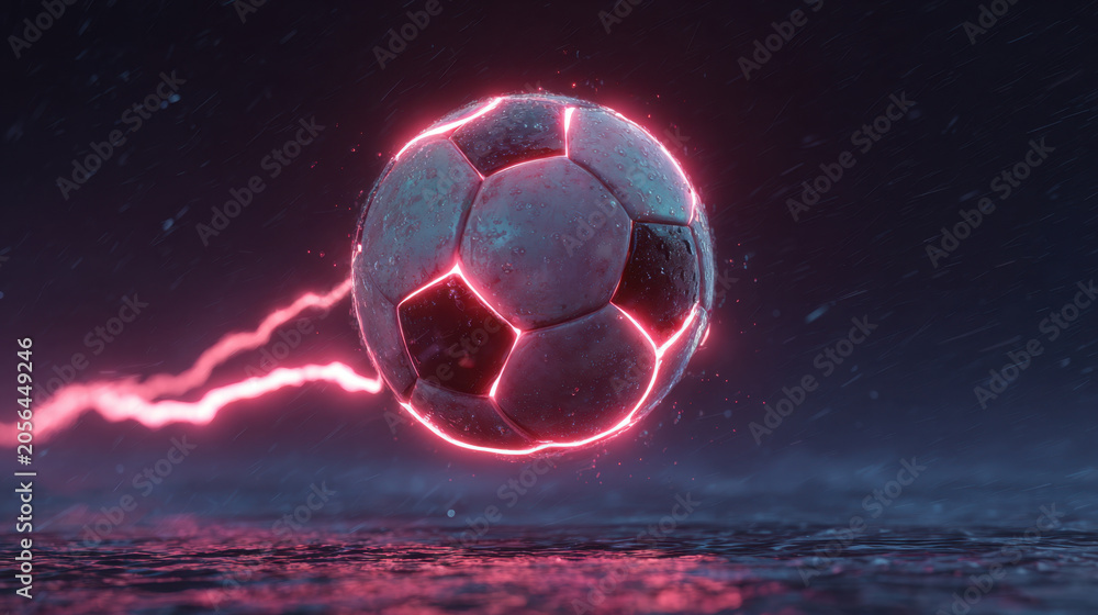 Naklejka premium Glowing soccer ball in dark sky with neon pink edge and electric trail over wet surface