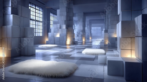 Modern minimalist interior with cube elements and soft seating, illuminated by warm ambient light. A serene and spacious room designed for relaxation and contemplation.