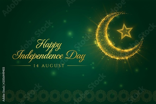 Happy Independence Day 14 August greeting, golden crescent moon and star on green background, elegant national holiday celebration banner