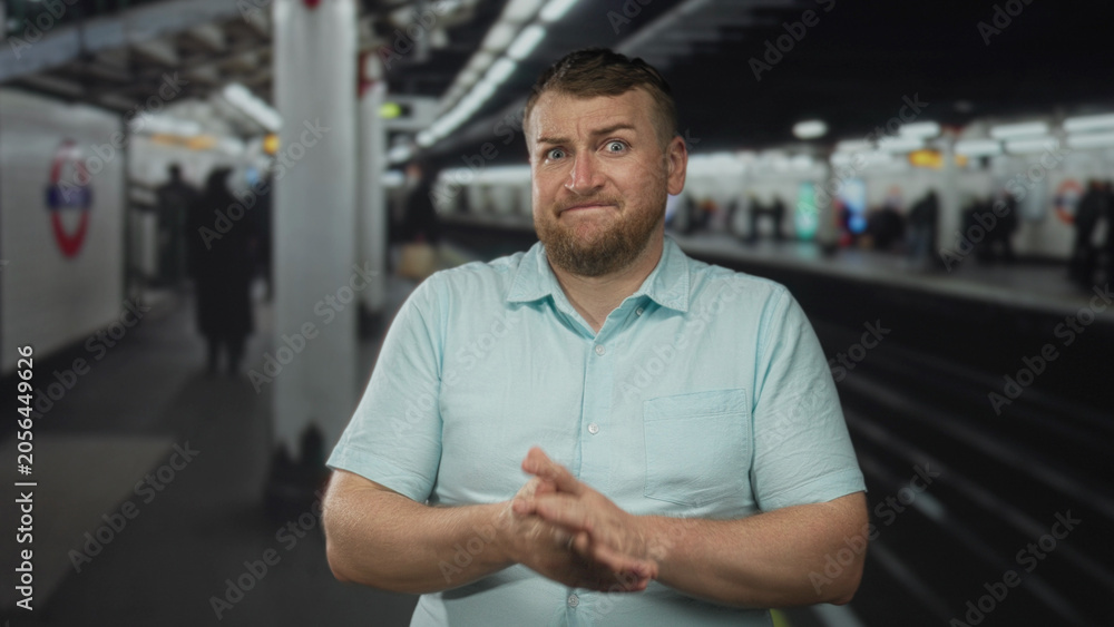 Obraz premium Bearded man with hands open palms up at train station shrugging on platform among commuters; confusion.