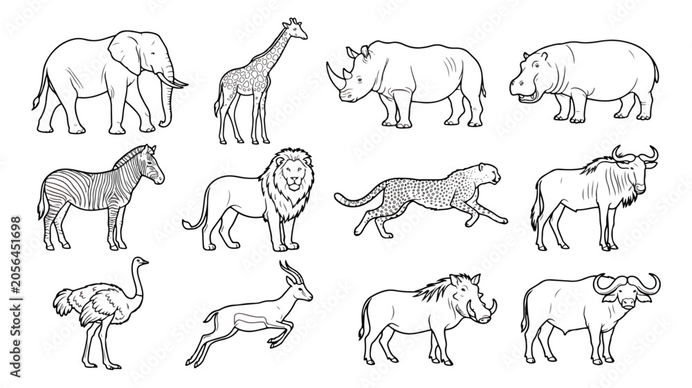 Naklejka premium African safari animals vector set, wild savanna wildlife line art, 12 animal icons for coloring