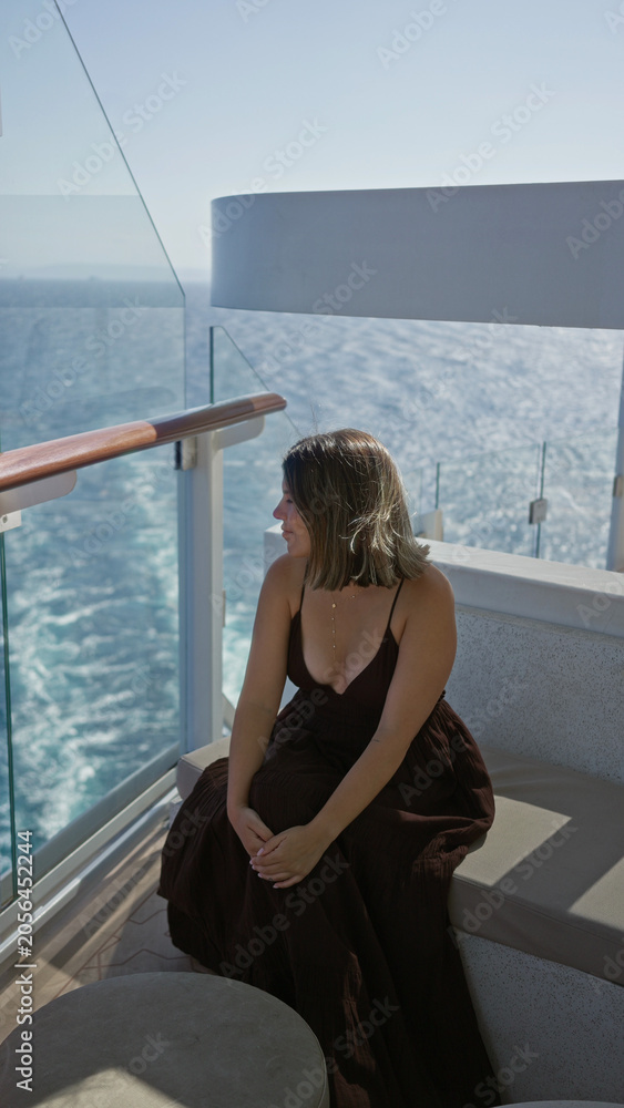 Fototapeta premium Woman sitting with clasped hands on cruise terrace bench overlooking ocean wake and glass railing, wearing dark dress and necklace; serenity.