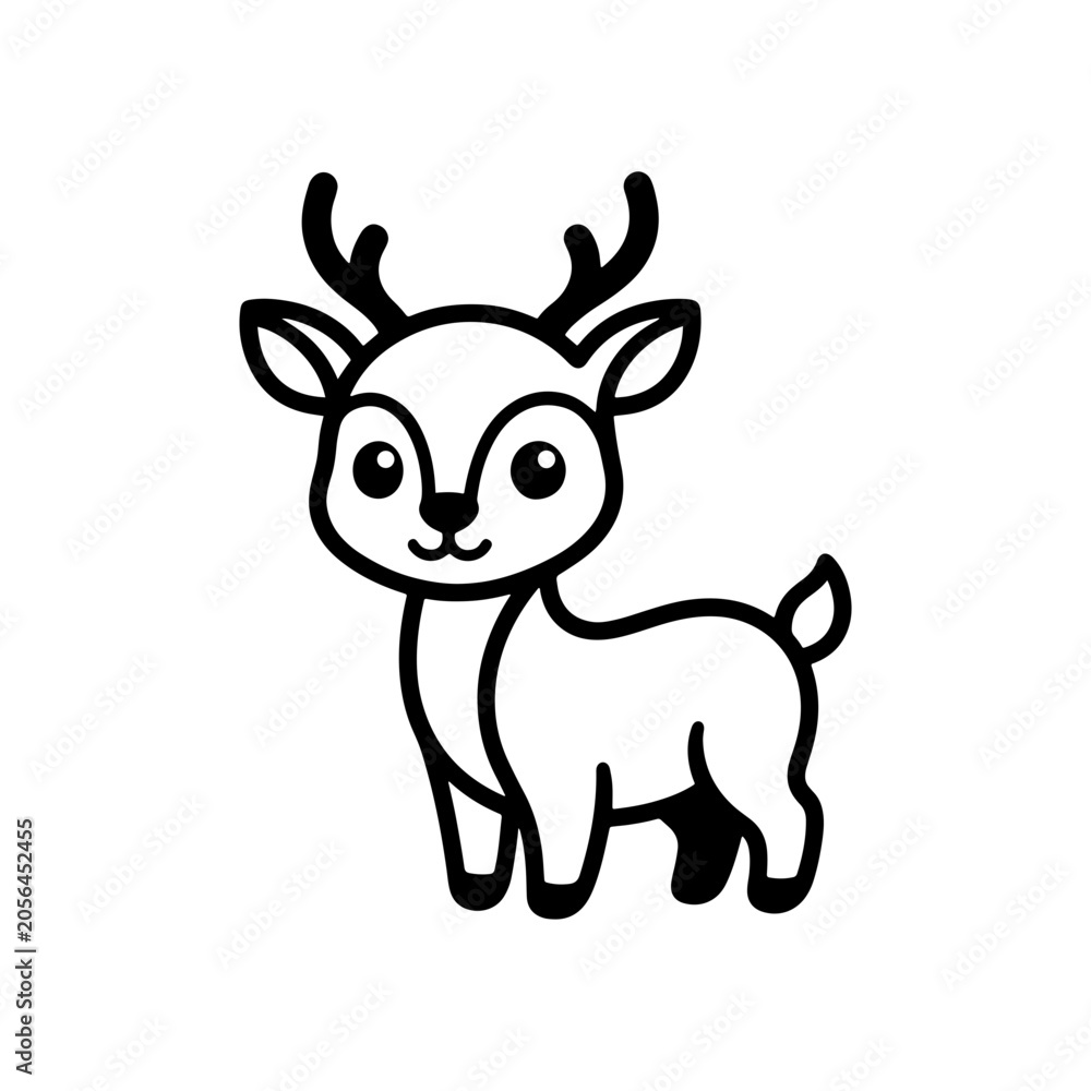 Obraz premium Black and white vector outline of a friendly baby deer with antlers, perfect for coloring books and nursery wall art.