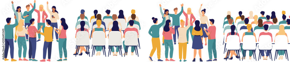 Fototapeta premium Business Conference and Public Audience Icon Set with People Sitting in Chairs and Standing in Groups for Seminar Event UI Flat Vector Designs