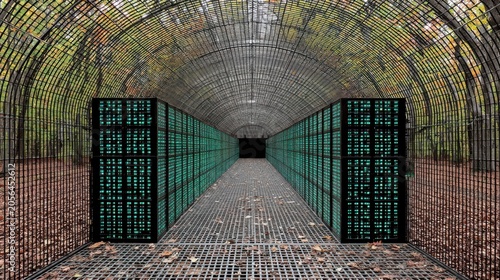 Data Highway Through the Forest: An surreal architectural installation blends a technological data center with a natural forest.