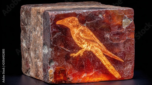Amber Fossil with Bird Engraving: A striking cubic amber fossil with a beautifully engraved bird motif, displaying warm, translucent hues and intricate details.