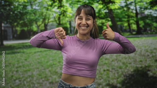 Foto Young woman showing thumbs up and thumbs down gesture in forest wearing purple crop top and expressive face; ambivalence mixed feelings