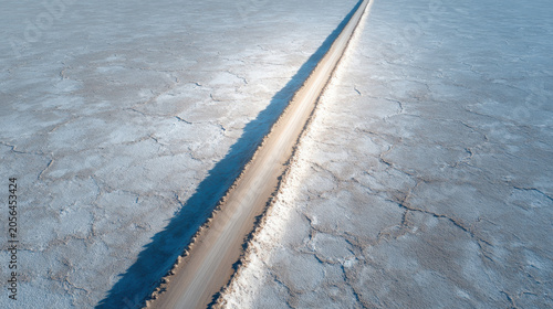 Salt flat road, aerial view, crack surface, desert landscape, dry ground, linear path