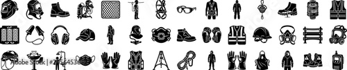 Industrial safety gear and hazardous work protection silhouette icon set