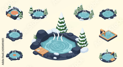 Obraz na plátne Collection of isometric hot springs and onsen pools surrounded by snow and winter trees
