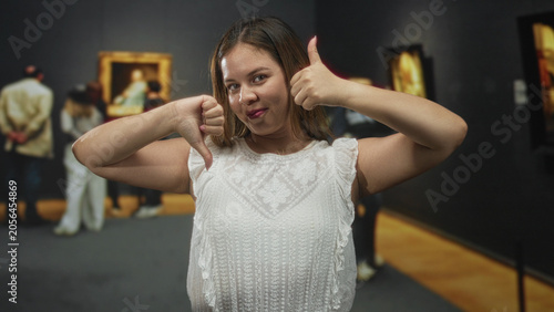 Φωτογραφία Woman with bare arms showing thumbs up and thumbs down gesture in gallery building; ambivalence choice