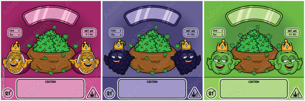 Fototapeta premium Green Apple, Grape and Passion Fruit Strain. Weedbud in cartoon style with Three Strains