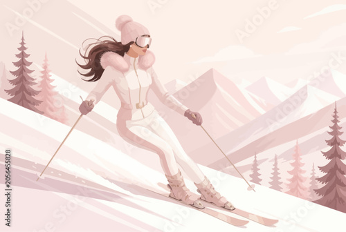 Obraz na płótnie Female skier descending snowy mountain slope with pine trees.