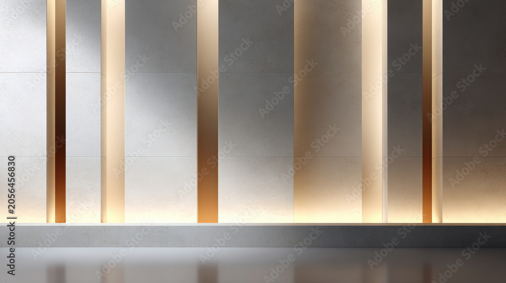 Fototapeta premium Elegant architectural wall background with vertical gold stripe and soft light reflection