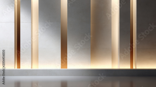 Elegant architectural wall background with vertical gold stripe and soft light reflection