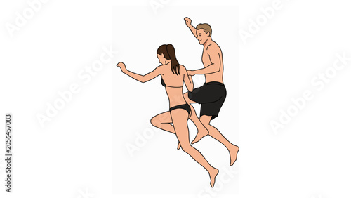 Active Young Couple Wearing Swimwear Jumping Together in Midair During Summer Vacation