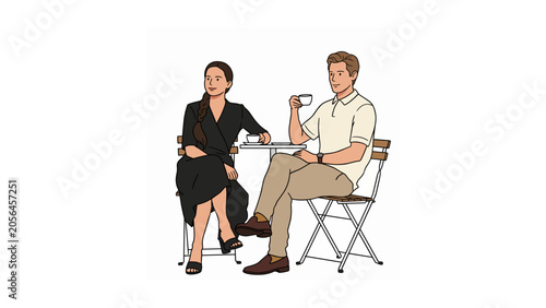 Young Man and Woman Enjoying Coffee and Conversation at a Small Cafe Table