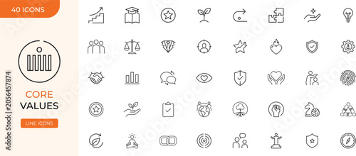 Core Values Thin Line Icons Set for Business Ethics, Leadership and Company Culture