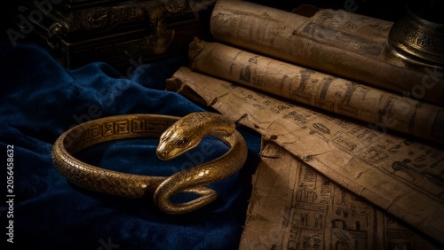 armlet. Golden serpent armlet on blue velvet with aged papyrus scrolls, historical elegance. event programs, museum guides, designed for cultural heritage projects and event programs.