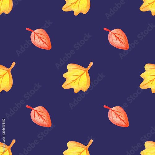 Watercolor seamless pattern with autumn leaves in vibrant yellow and warm orange tones over a dark blue backdrop. Seasonal background for children's apparel, autumn textile design, festive gift