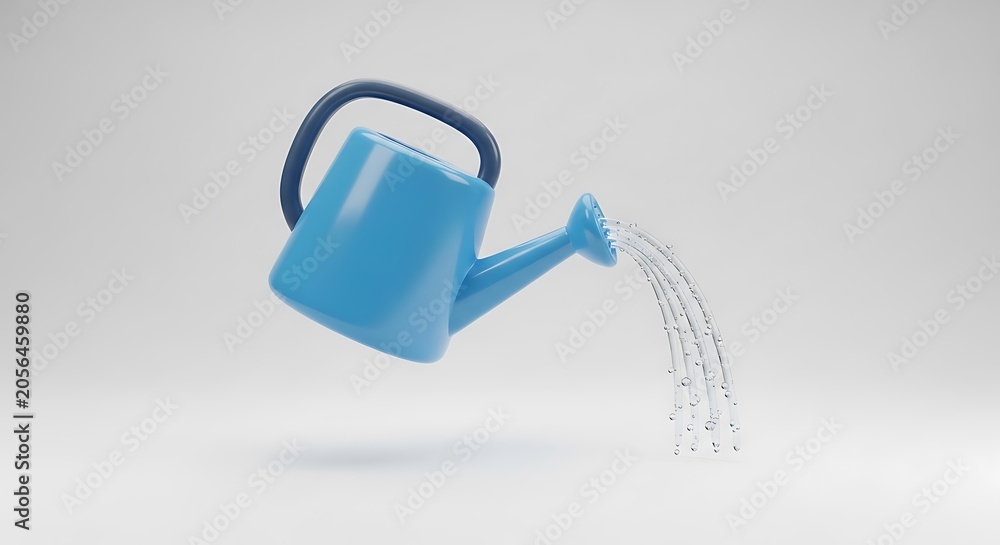 Obraz premium Blue watering can pouring water stream. simple liquid drops on white studio background.