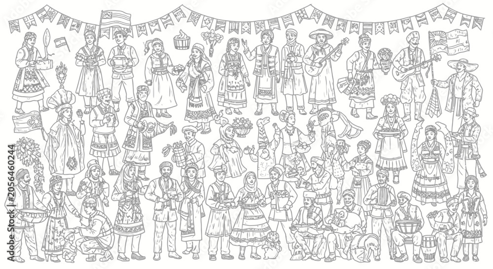 Obraz premium Crowd of people in traditional European folk costumes illustration.