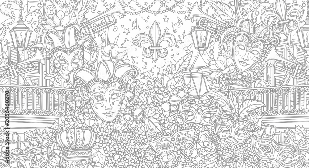 Obraz premium Detailed Mardi Gras celebration pattern with masks and beads.